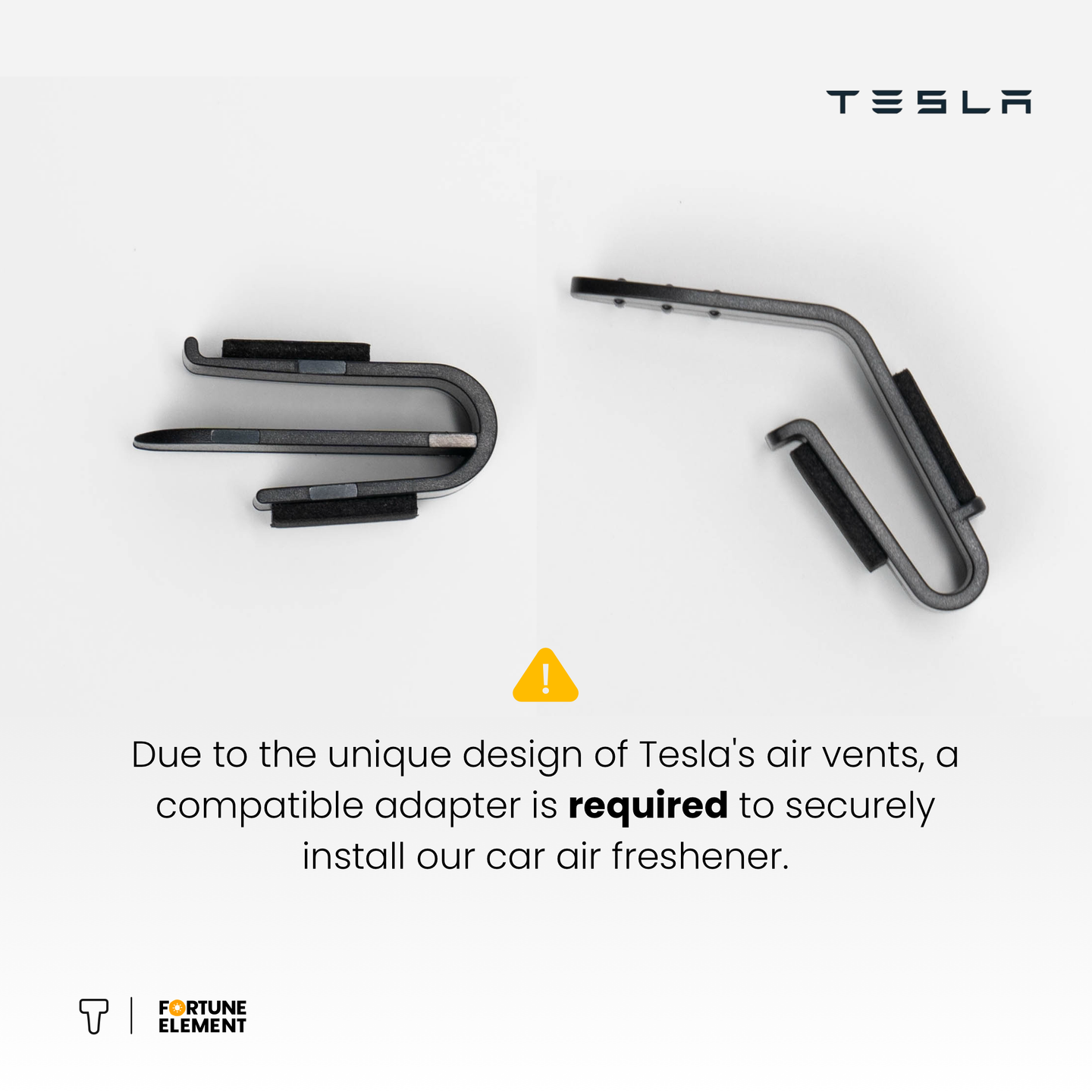 A top flat view of two adapters for Tesla air vents, with labeled descriptions detailing their usage